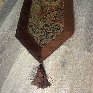 Elegant Paisley Boho Woven Table Runner w/ Tassels Brown Velvet Trim – 70” x 12”